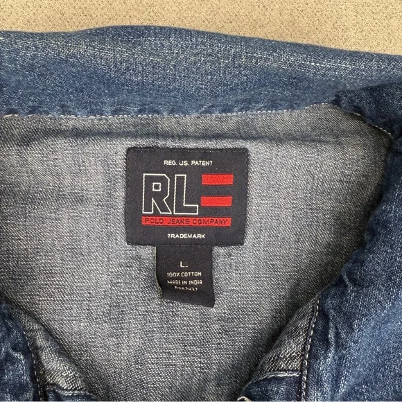 Y2K Polo Jeans Co Ralph Lauren Shacket Jacket Mens L Shirt Denim Pockets Chore - Picture 9 of 15
